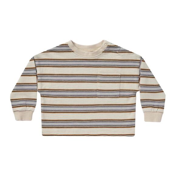 Rylee + Cru Cream + Blue Vintage Stripe Long Sleeve Relaxed Tee 6-12 Months - Picture 1 of 8